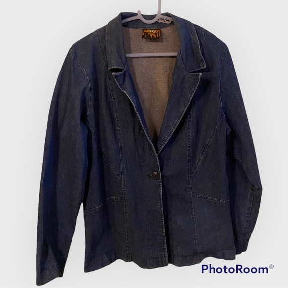 Jean Blazer Jacket Polyester Elastic Blue Demi size XL - Picture 1 of 10